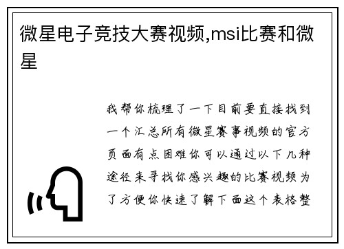 微星电子竞技大赛视频,msi比赛和微星