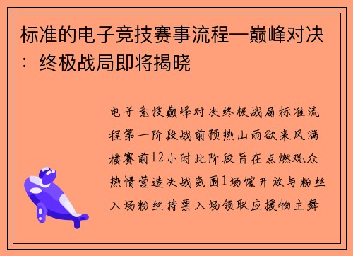 标准的电子竞技赛事流程—巅峰对决：终极战局即将揭晓