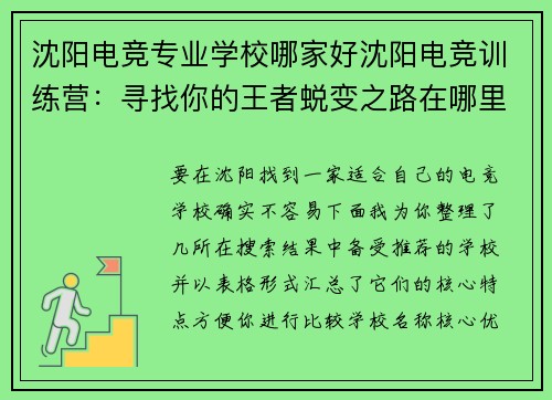 沈阳电竞专业学校哪家好沈阳电竞训练营：寻找你的王者蜕变之路在哪里？